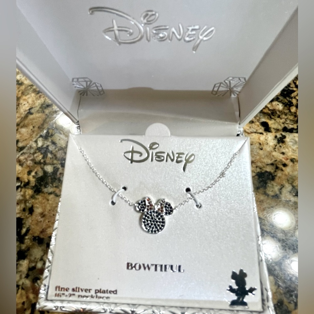 Disney Bowtiful Minnie Mouse with Pink Bow Necklace Silver Plated Cubic Zirconia